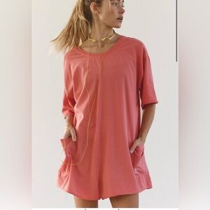 NWT Free People| Hot Shot Tee Romper - Hibiscus Oversized Tee Shirt Onesie LG